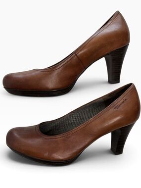 Tamaris Womens Cognac Brown Leather Round Toe Pumps Size 39 8.5 Heels Anti-Shock